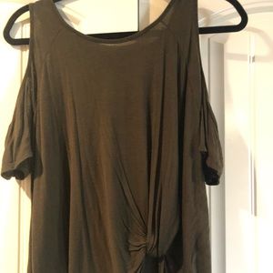 Open shoulder, olive green, tie front shirt